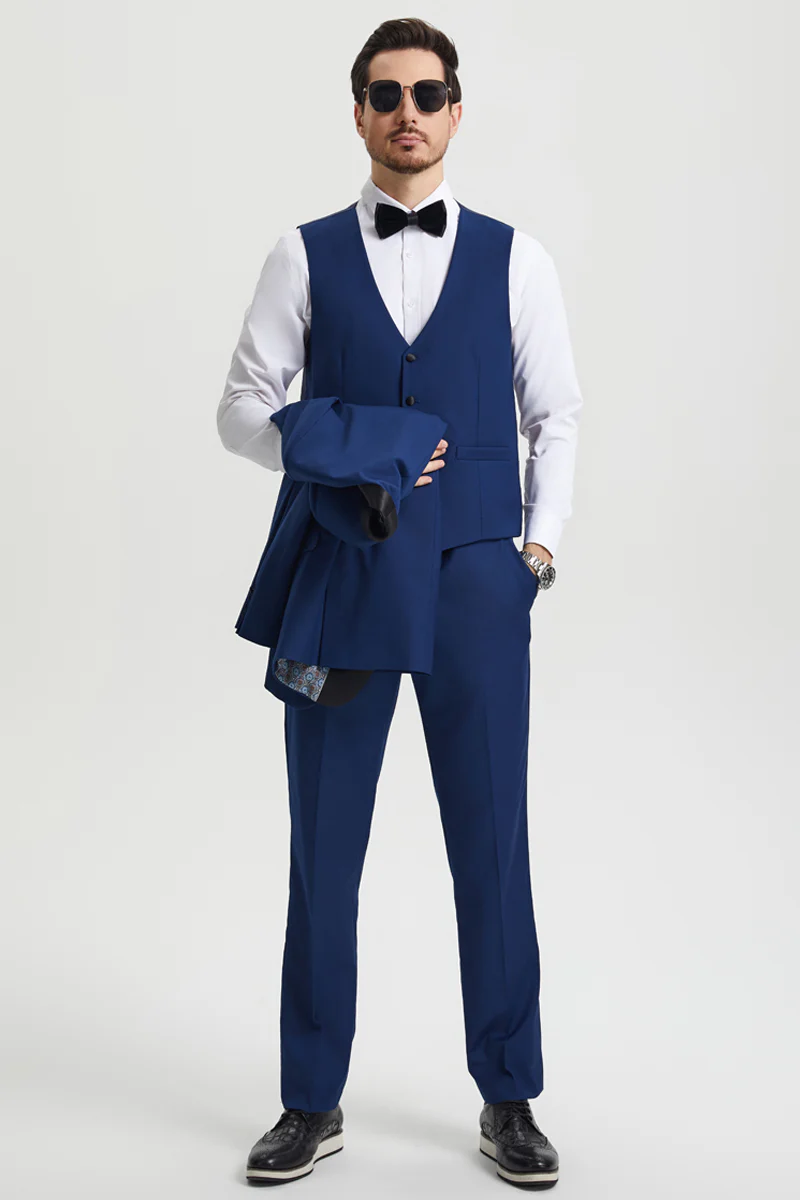 Men's Stacy Adams Vested One Button Shawl Lapel Designer Tuxedo in Indigo Blue - Image 3