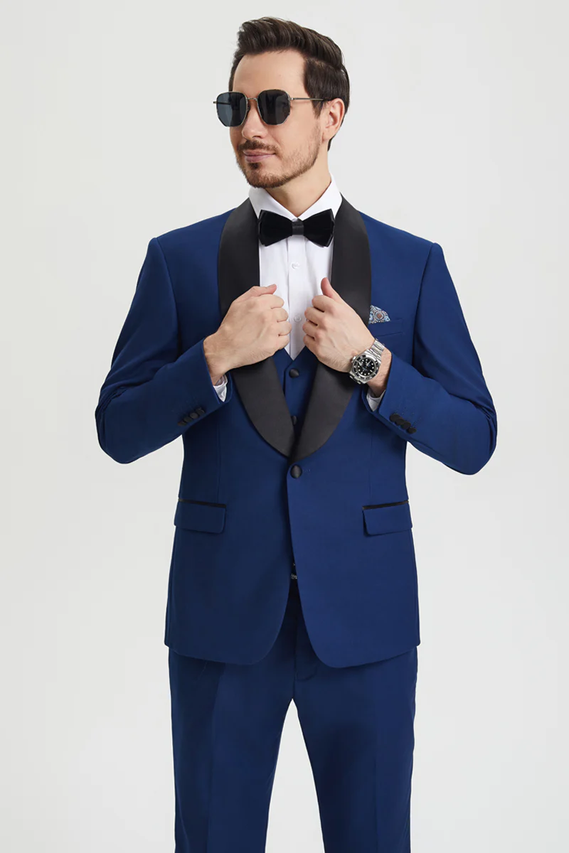Men's Stacy Adams Vested One Button Shawl Lapel Designer Tuxedo in Indigo Blue - Image 5