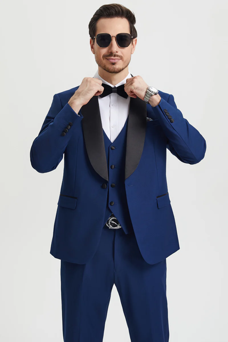 Men's Stacy Adams Vested One Button Shawl Lapel Designer Tuxedo in Indigo Blue - Image 6