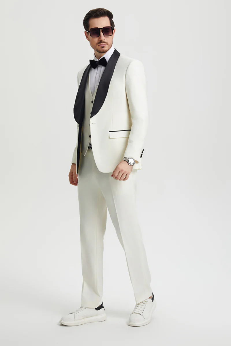 Men's Stacy Adams Vested One Button Shawl Lapel Designer Tuxedo in Ivory - Image 6