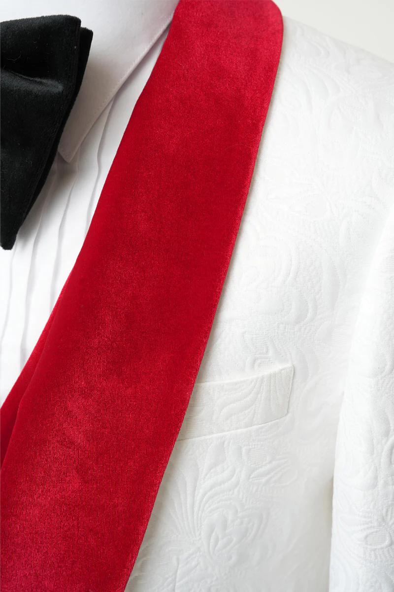 Men's Vested White Paisley Wedding & Prom Tuxedo with Burgundy Velvet Lapel - Image 3